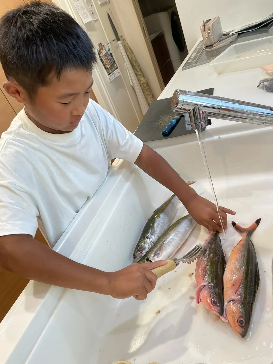 持ち帰った魚を自分で水洗いしウロコを落とす海玄くん。釣りの食育体験
